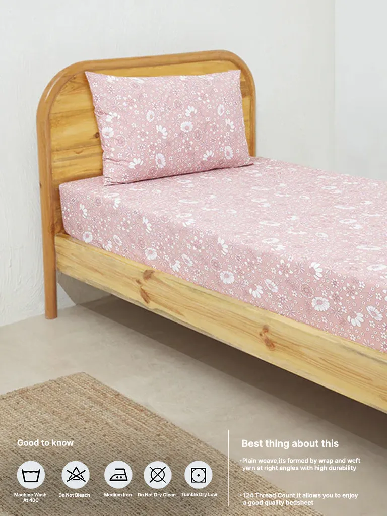 Westside Home Pink Floral Design Single Bed Fitted Sheet with Pillowcase Set