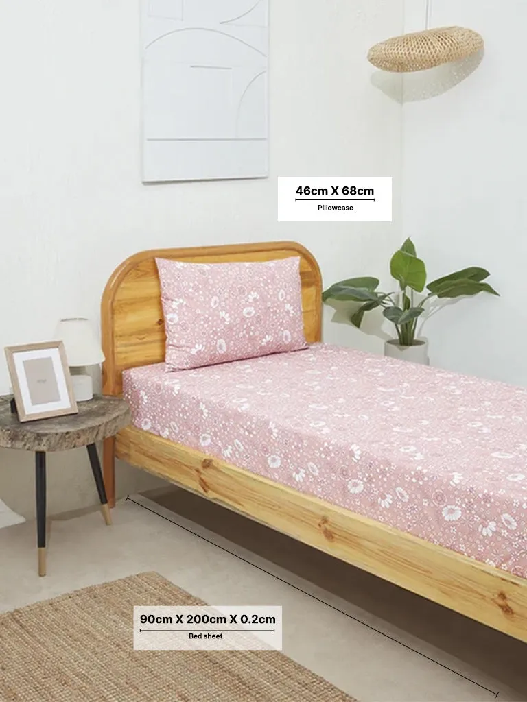 Westside Home Pink Floral Design Single Bed Fitted Sheet with Pillowcase Set