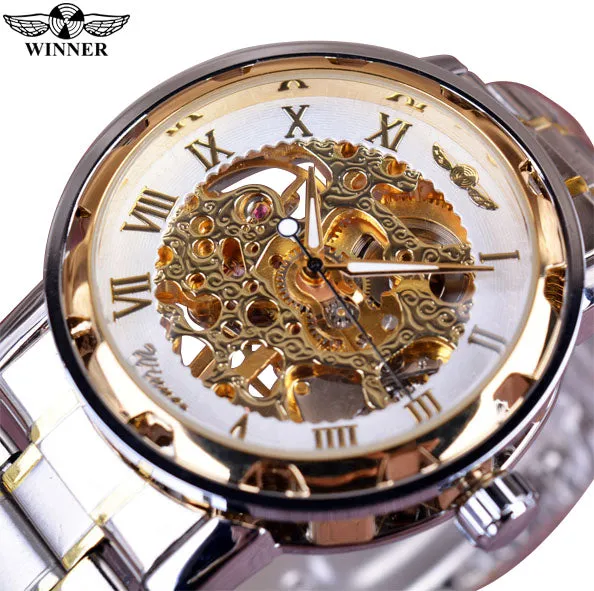 Winner Classic Design Transparent Case Golden Movement Inside Watch