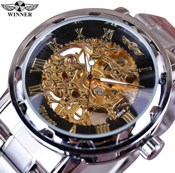 Winner Classic Design Transparent Case Golden Movement Inside Watch