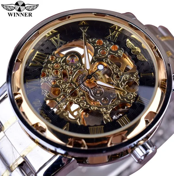 Winner Classic Design Transparent Case Golden Movement Inside Watch