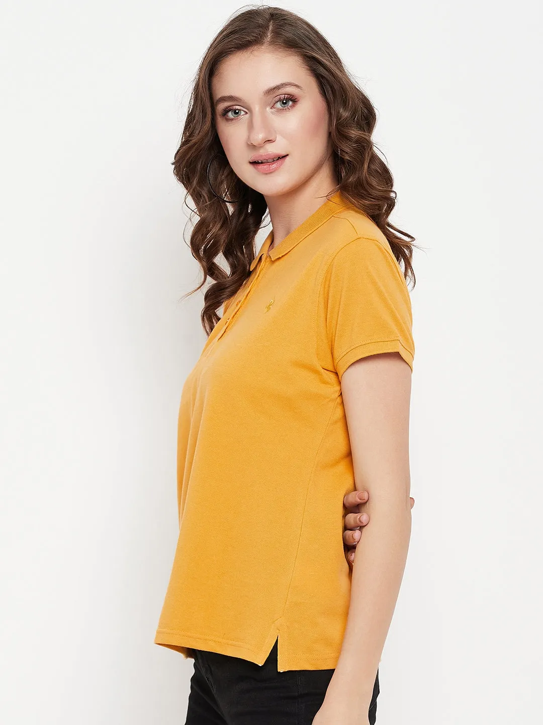 Women's Casual Regular Short Sleeve Mustard Polo neck  T-Shirt